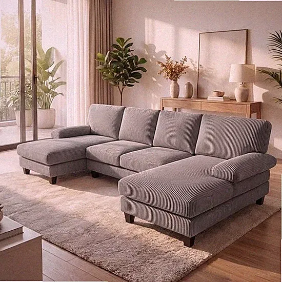 Sofa 4 Sitzer，Wohnlandschaft Ecksofa aus Cordstoff，Sofa Wohnzimmer,Donkelgrau