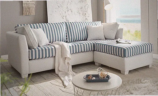 Sofa in creme und blau Landhaus Couch 3-Sitzer 240 cm inklusive Hocker Hooge