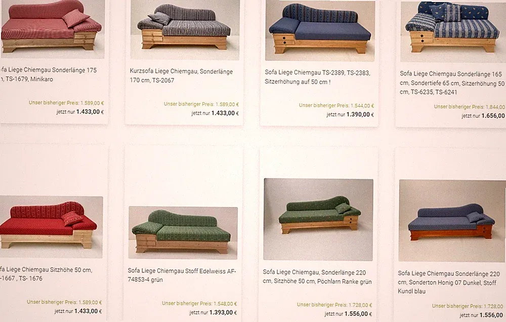 Sofa Liege Chiemgau, Ottomane, Recamiere, Landhaussofa, 38 Lagerstoffe !!!i