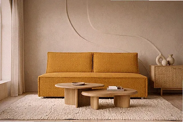 Sofa mit schlaffunktion und bettkasten, Schlafsofa DUO Poso Stoff Senffarbe