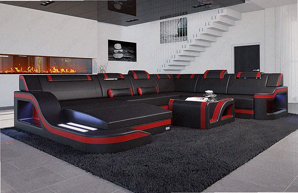 Sofa Palermo XXL mit LED Beleuchtung Leder Designer Wohnlandschaft Schwarz Rot
