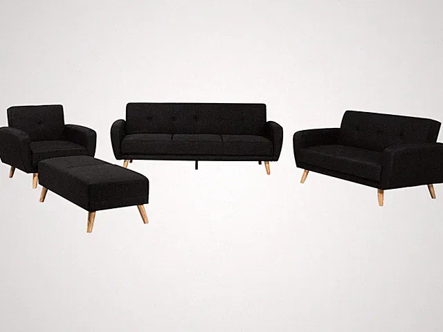 Sofa Set 4-teilig Stoff schwarz Sessel Ottomane 3-Sitzer u. 2-Sitzer Sofa Florli