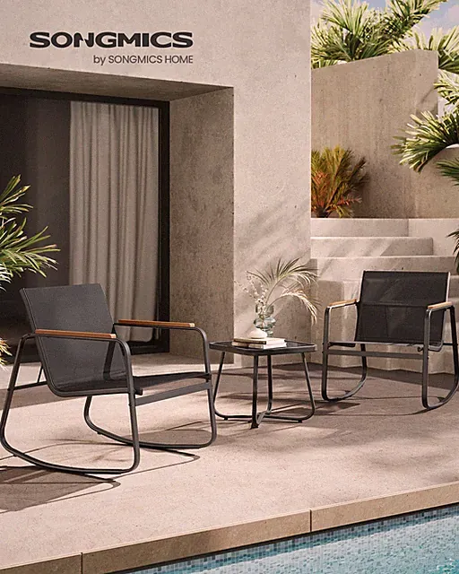 SONGMICS 3-tlg Balkon Set 2 Schaukelstühle + Tisch Gartenmöbel Schwarz