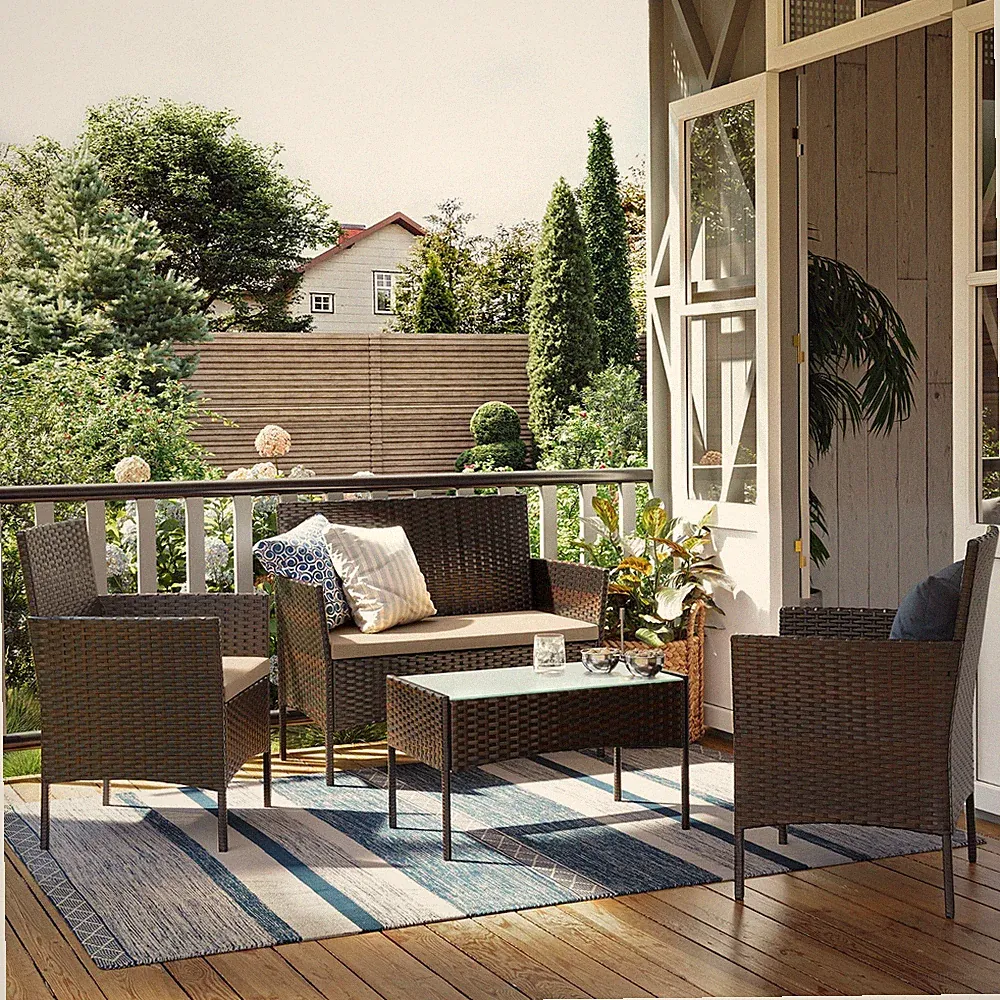 SONGMICS (4-tlg) Gartenlounge-Set, Balkonmöbel, aus PE-Polyrattan, GGFDE004