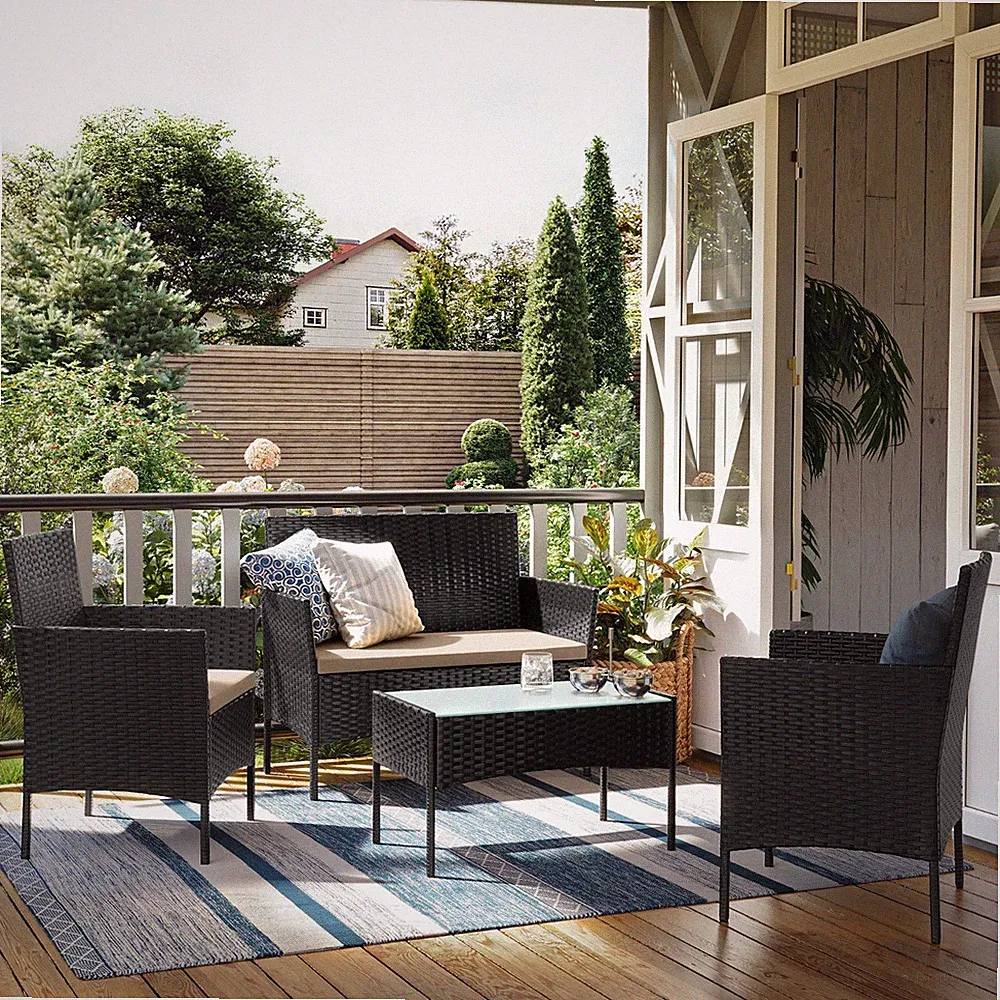 SONGMICS (4-tlg) Gartenlounge-Set, Balkonmöbel, aus PE-Polyrattan, GGFDE004