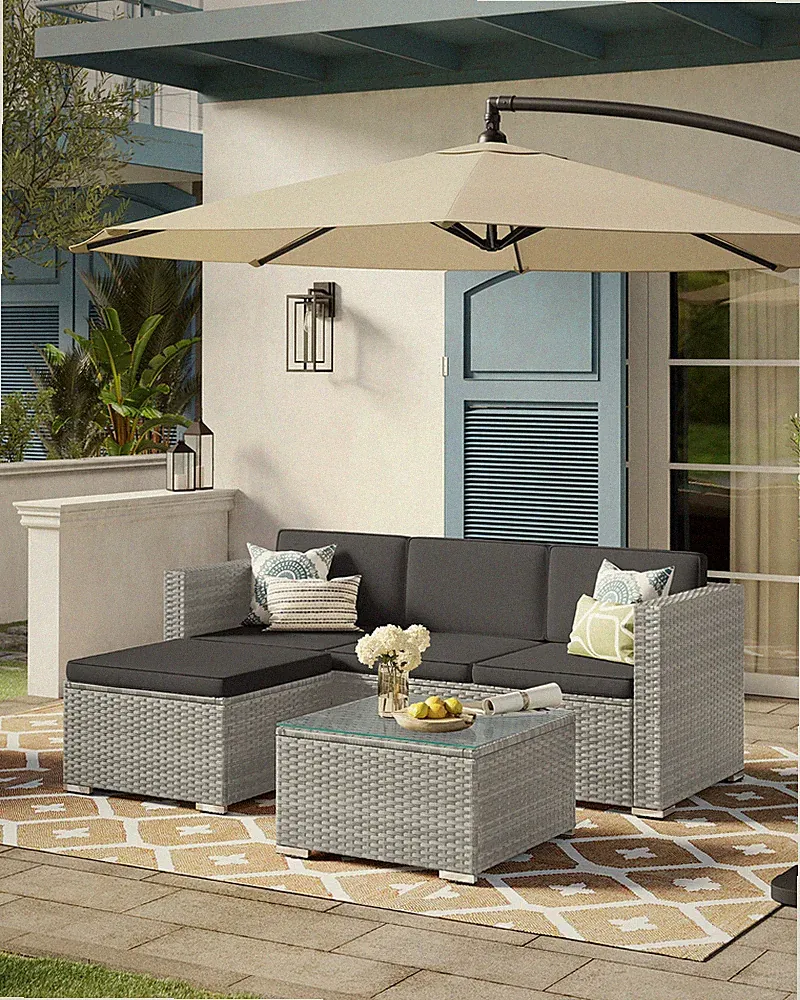 SONGMICS Gartenlounge Ecksofa PE-Rattan Set mit Kissen & Glastisch Outdoor