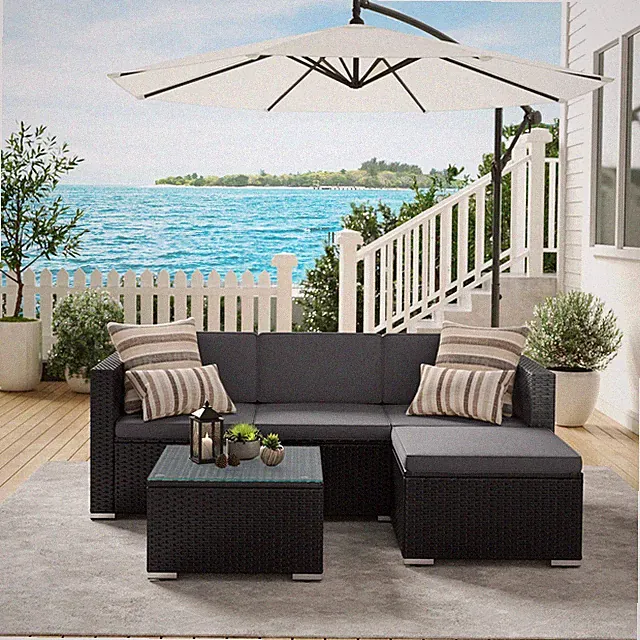 SONGMICS Gartenlounge Set 5-teilig Ecksofa Hocker Couchtisch Kissen Rattan