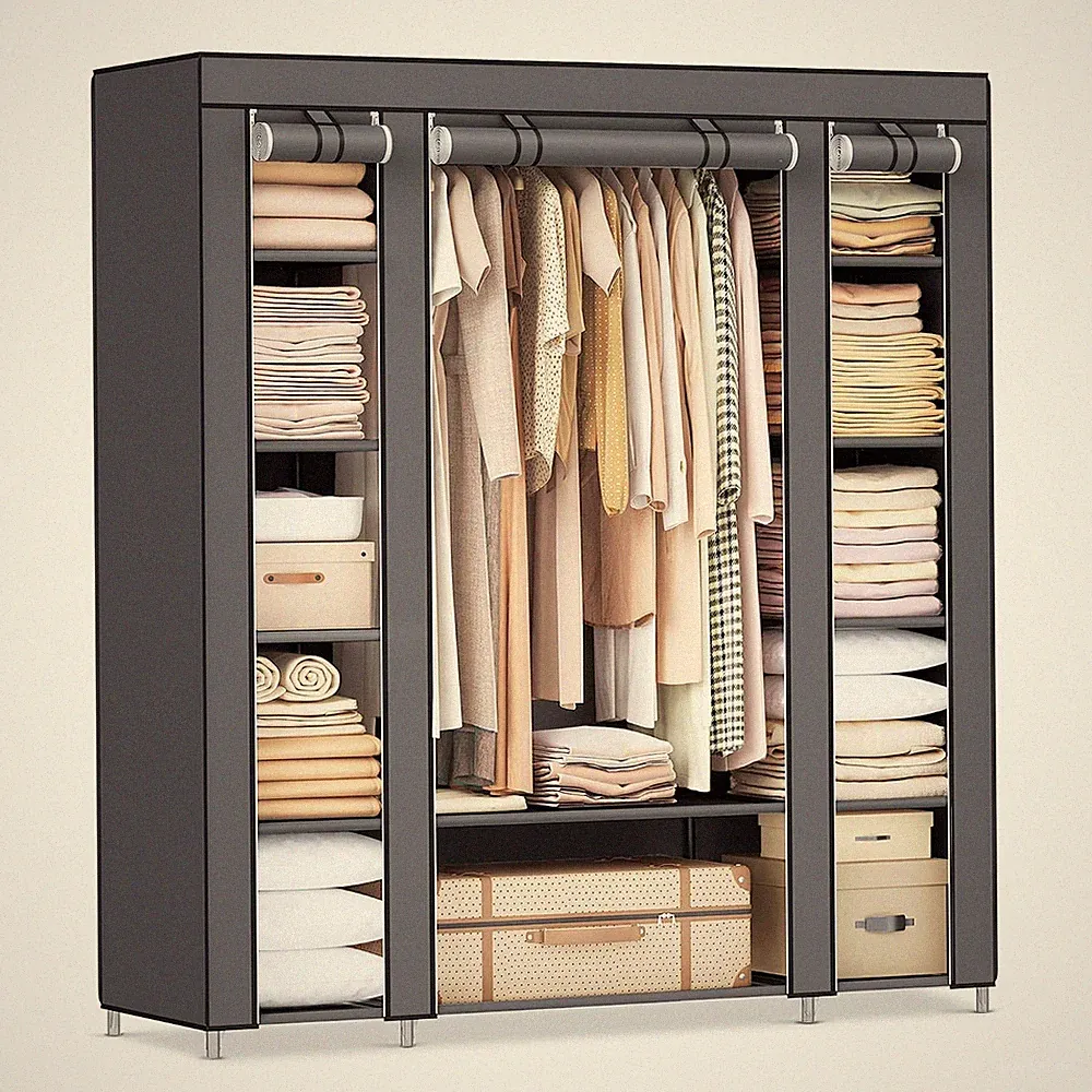 SONGMICS Kleiderschrank, Stoffschrank, 12 mit Kleiderstange und Ablagen, Stabile