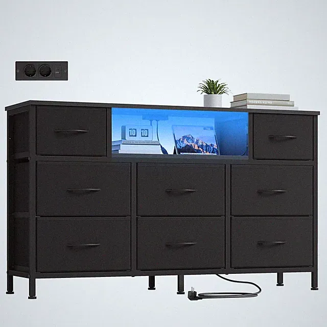 SONGMICS Kommode mit 8 Stoffschubladen, TV-Schrank mit LED und Steckdosen
