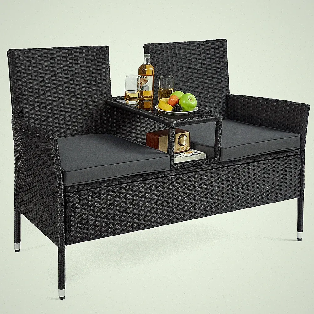 SONGMICS Polyrattan Balkon-Set Tisch 2-Sitzer Sofa mit Kissen Loungemöbel