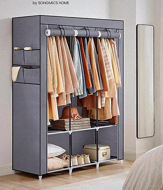 SONGMICS Stoffschrank Grau 150x180 cm mit Kleiderstange, 5 Regalfächern