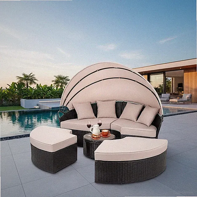 Sonneninsel 180CM Gartenmuschel Schwarz Polyrattan Lounge Tisch Sonnenliege