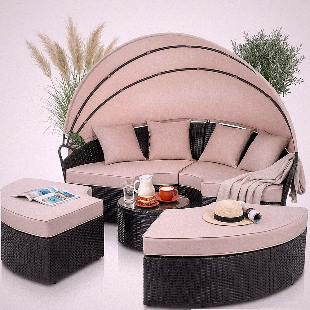 Sonneninsel 180CM Rattan Tisch Sonnenliege Polyrattan Gartenmuschel Sonnenliege