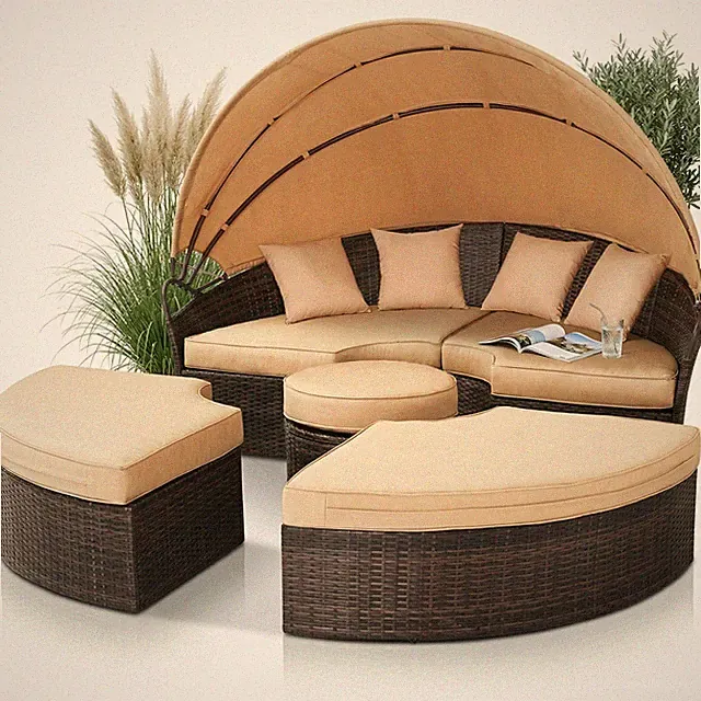Sonneninsel Sonnenliege Rattan Lounge 180CM Tisch Polyrattan Gartenmuschel