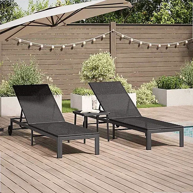 Sonnenliege 2er Set Schwarz Poly-Rattan inkl Tisch Sonnenbett Gartenliege Liege
