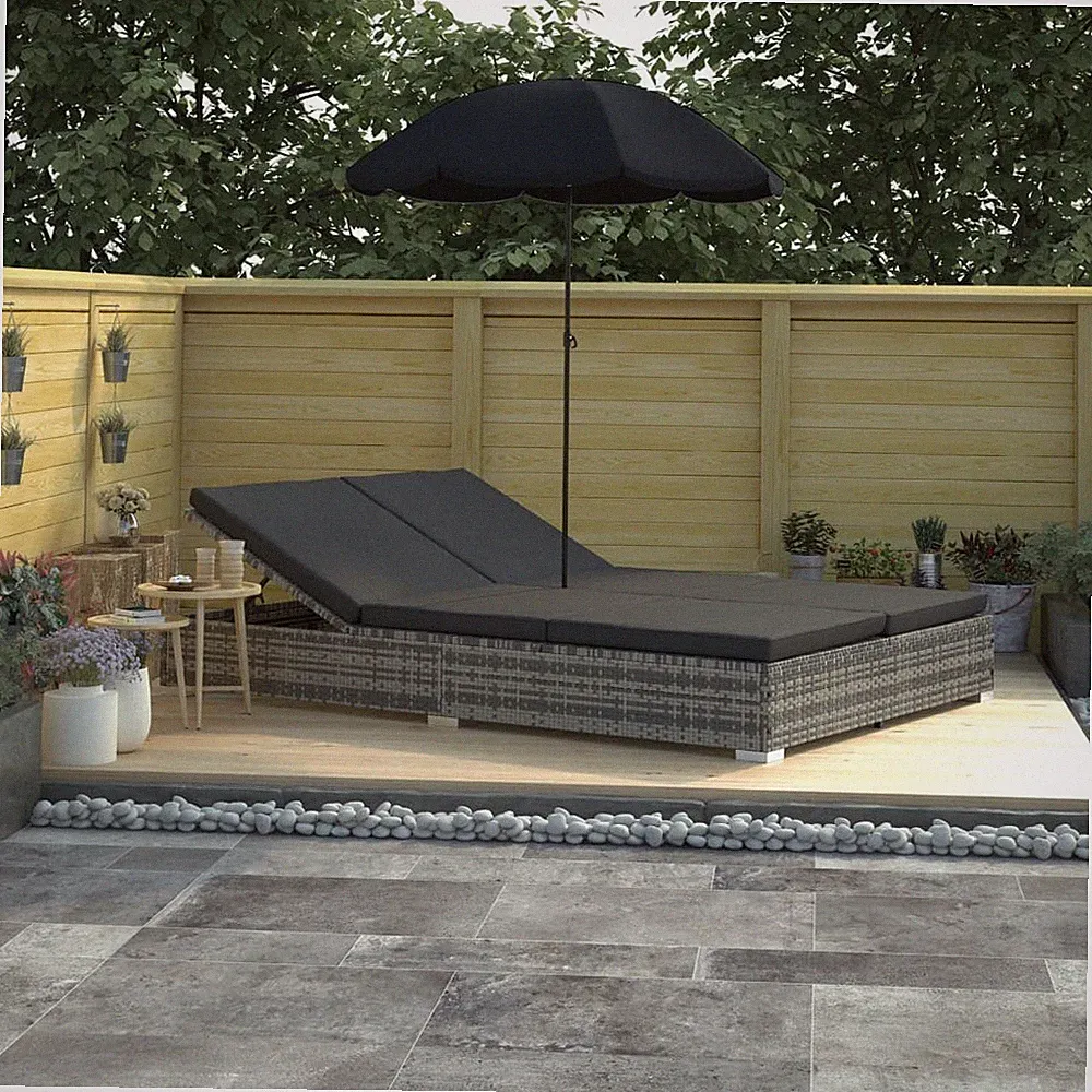 Sonnenliege Gartenliege Liegestuhl mit Schirm Poly Rattan Schwarz/Braun vidaXL