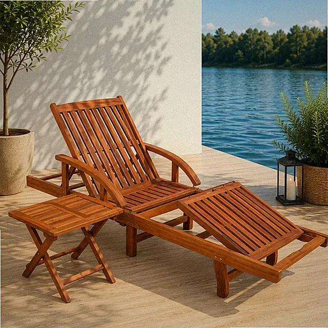 Sonnenliege mit Tisch Akazienholz Gartenliege Relaxliege Outdoor Holzliege