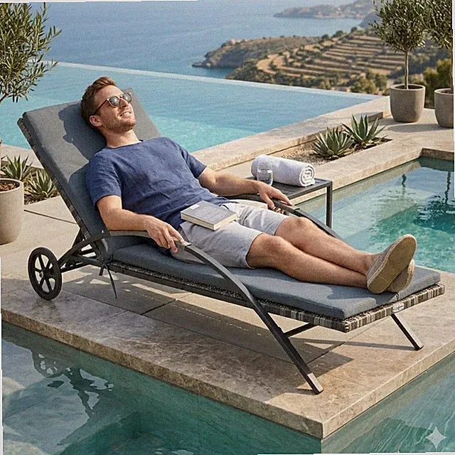 Sonnenliege Poly Rattan Gartenliege Relaxliege mit Rollen & Polster 200cm