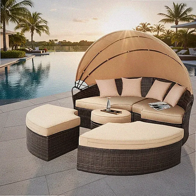Sonnenliege Polyrattan Sonneninsel Rattan Lounge 180CM Tisch Gartenmuschel