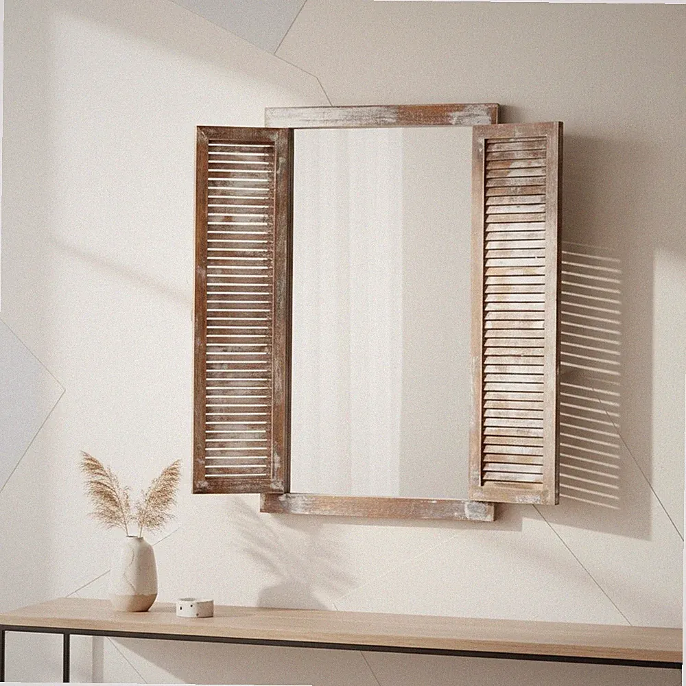 Spiegel 70cm Fensterläden Braun Landhaus Möbel Spiegelfenster Holz Shabby Glas