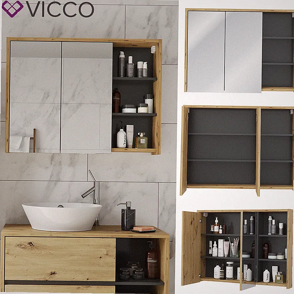 Spiegelschrank Badschrank Badspiegel 2 Türen mit Ablagen Viola Eiche Vicco