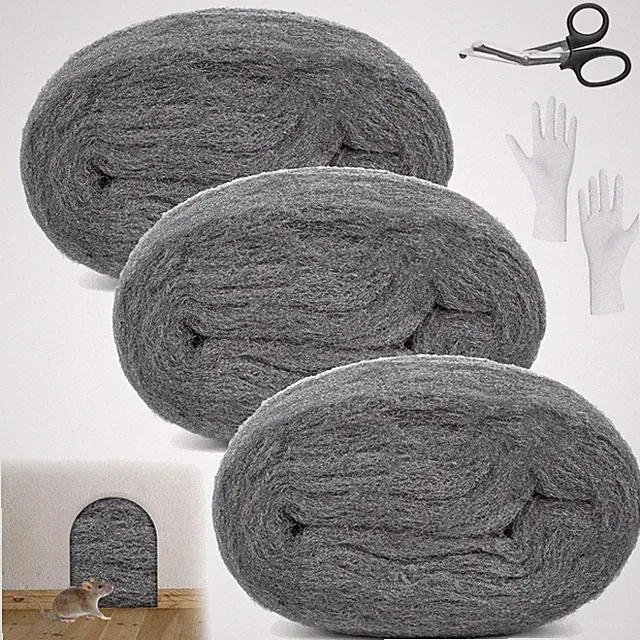 Stahlwolle Set, 3 Rollen, Fein, mit Handschuhen, Schere, zum Reinigen, Polieren