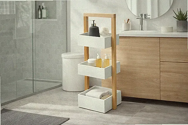 Standregal aus Holz mit 3 Boxen – Weiß / Natur – Modern & platzsparend
