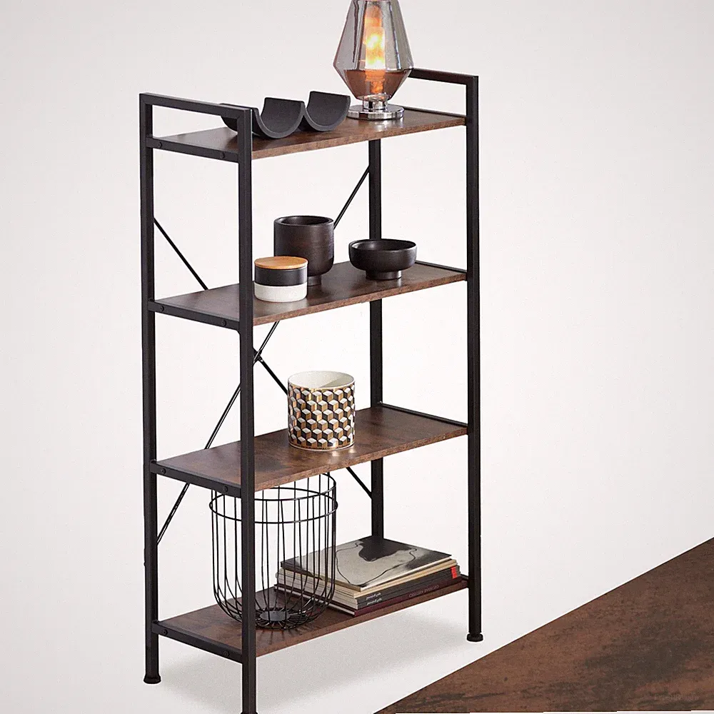 Standregal Bücherregal 4 Ebenen Küchenregal Industrial Regal Metall Holz schwarz