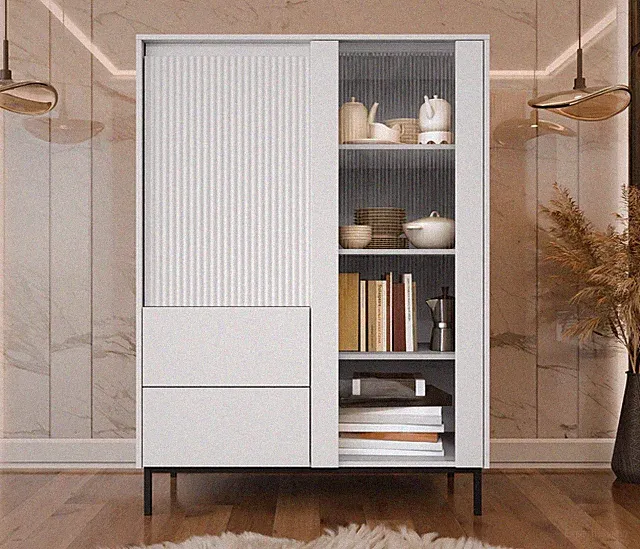Standvitrine Emalom 2D2S Vitrinenschrank Hochschrank Schubladenschrank PR M24
