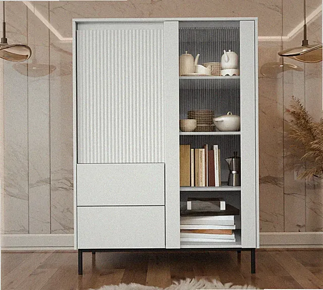 Standvitrine Uruli 2D2S Vitrinenschrank Hochschrank Schubladenschrank PR M24