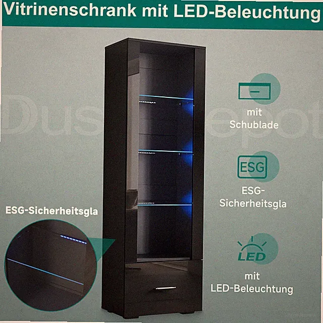 Standvitrine Vitrine Hochschrank mit LED Wohnzimmerschrank Schwarz Hochglanz 172