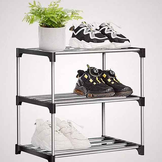 Stapelbares Schuhregal, 3 Ebenen, Metall, Schwarz, Platzsparend, Indoor Outdoor