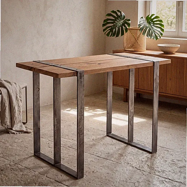Stehtisch Teak Holz 150 x 40 x 110 cm Kufengestell Handarbeit Upcycling Tisch