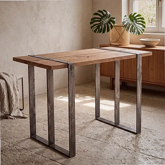 Stehtisch Teak Holz 150 x 40 x 110 cm Kufengestell Handarbeit Upcycling Tisch