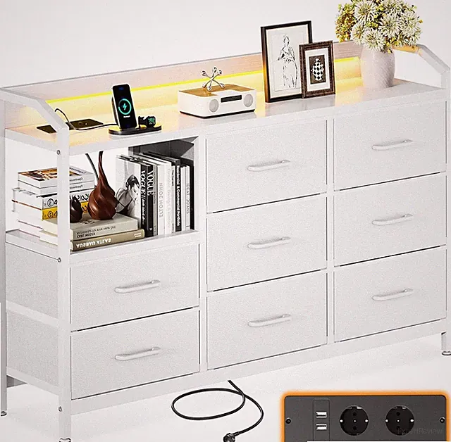 Stilvolle Kommode mit LED-Licht, 10 Farben, 8 Stoffschubladen, 110x30x88cm, Weiß
