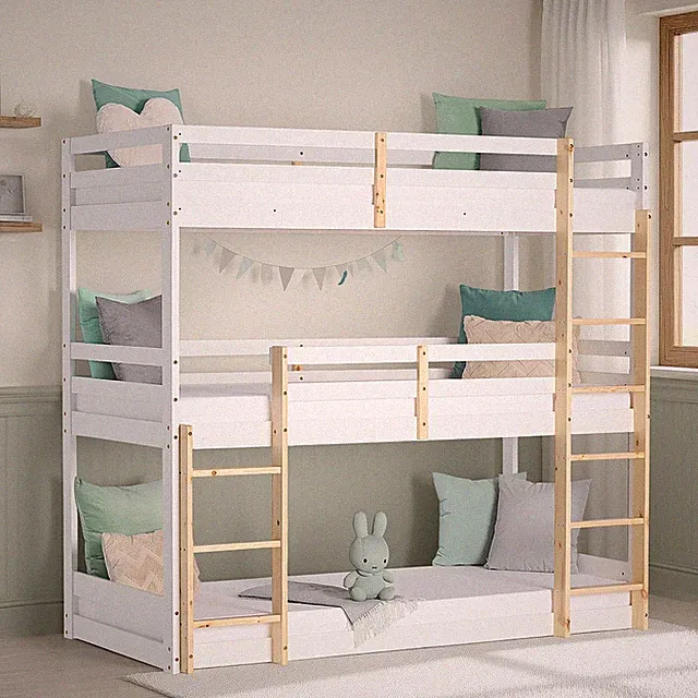Stockbett 3 Kinder Etagenbett 90x200 Weiß Bett Lattenrost Massivholz Homestyle4u