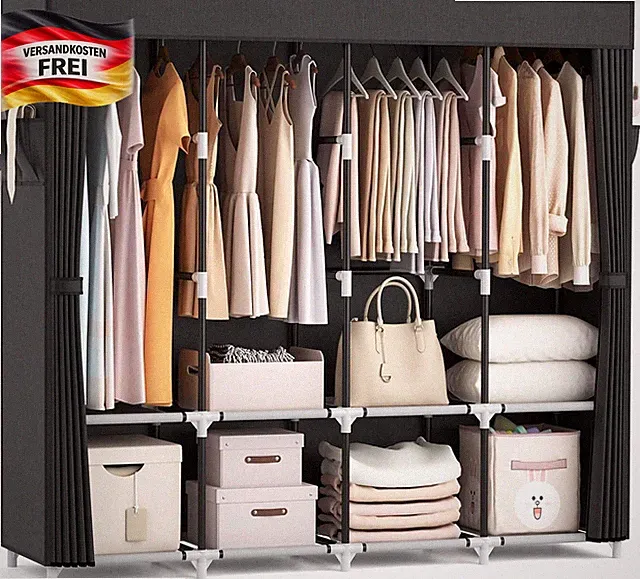 Stoffkleiderschrank mit 4 Regalen und Kleiderstange für Schlafzimmer