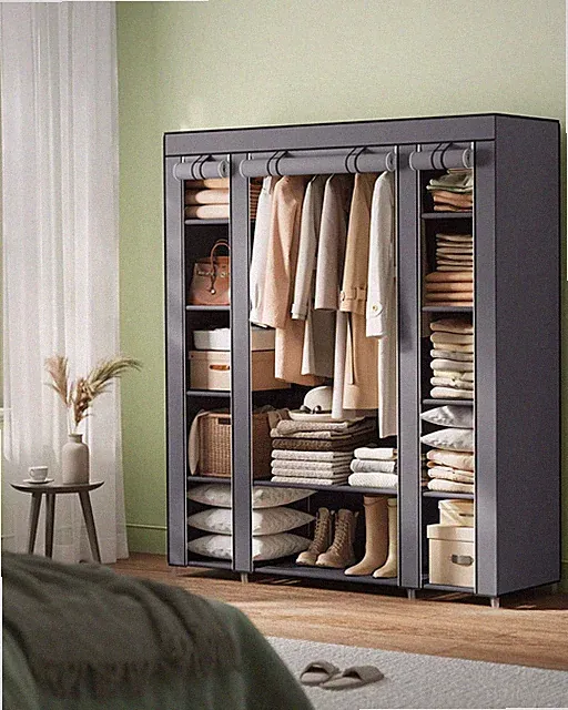 Stoffkleiderschrank mit Kleiderstange & 12 Ablagen | 150×45×175 cm