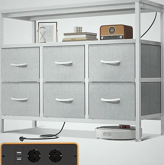 Stoffkommode mit 6 Großen Schubladen, 2 Steckdosen, 2 USB, Weiß, 100x30x85.2cm