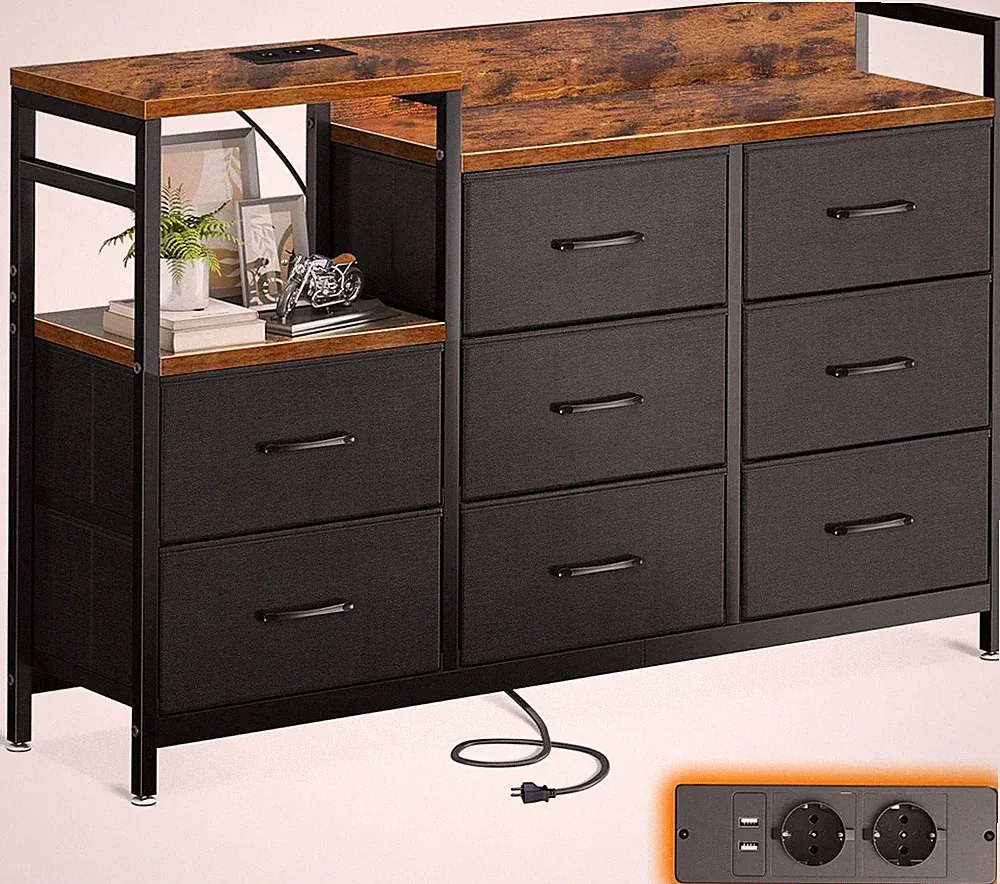 Stoffkommode mit 8 Schubfächern, USB und Steckdosen, Vintage, 132 x 30 x 88 cm