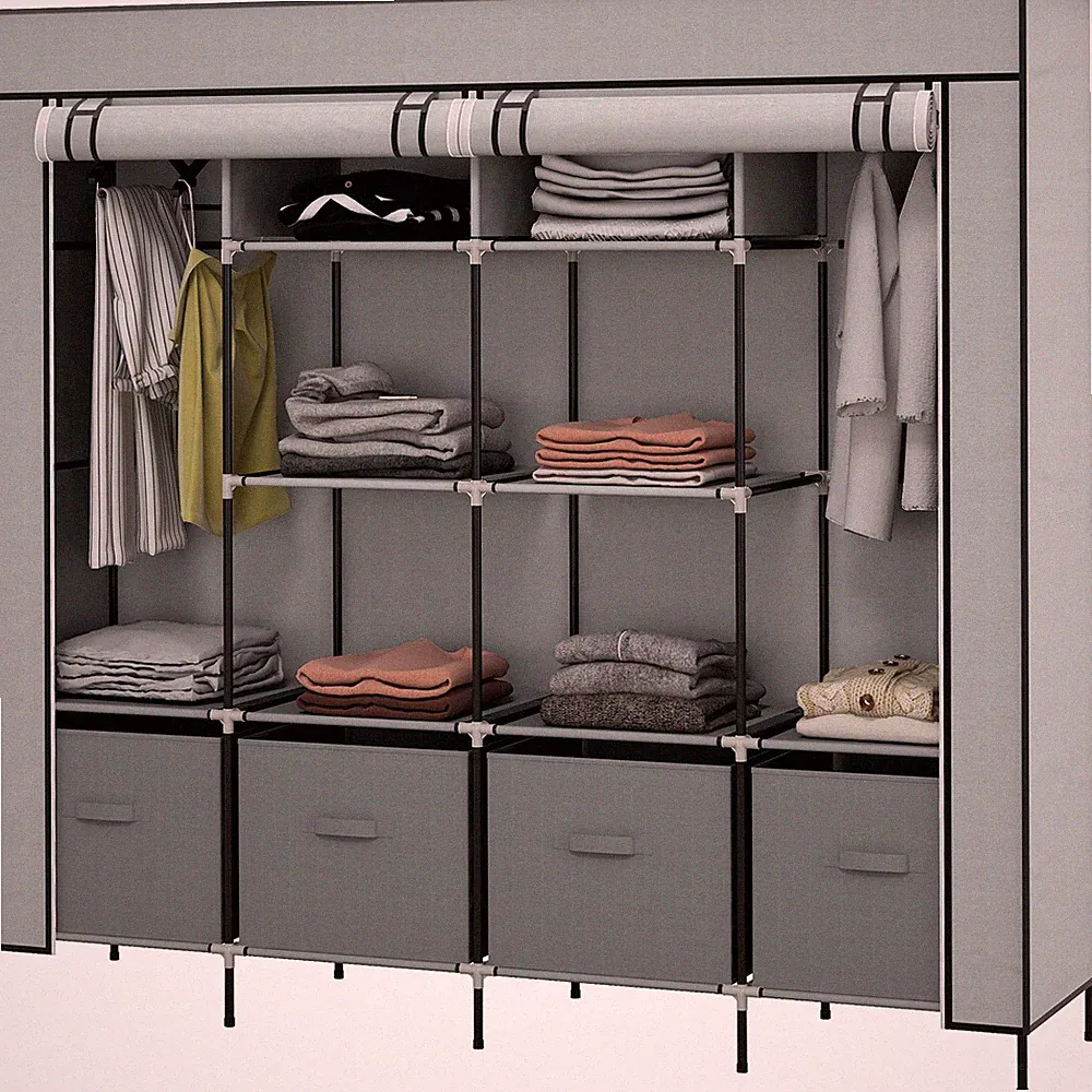 Stoffschrank Kleiderschrank mit Kleiderstange, 10 Fächern, 4 Schubladen