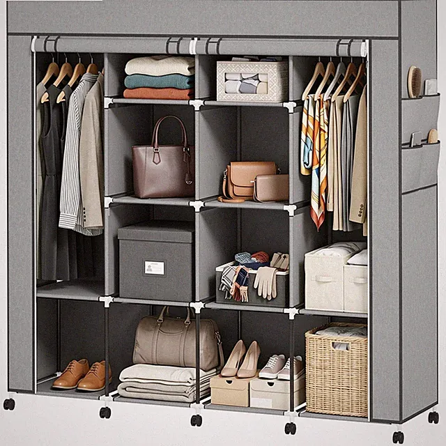 Stoffschrank Kleiderschrank mit Kleiderstange, 10 Fächern, Dunkelgrau