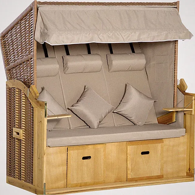 Strandkorb 3-Sitzer Sonnenliege mit Dach Klapptischen Fußstütze Polyrattan