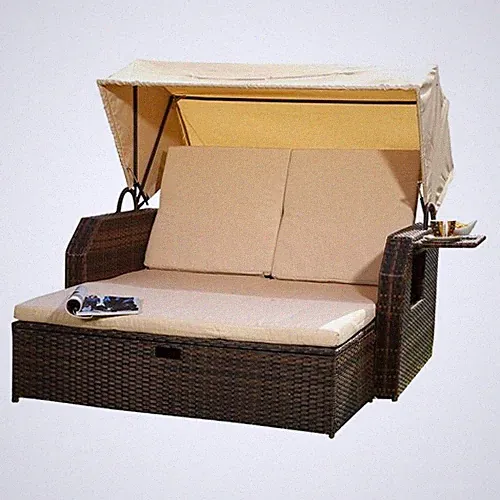 Strandkorb + Dach Sonnenbett Polyrattan Liegebett Relaxliege Sofa Loungeliege