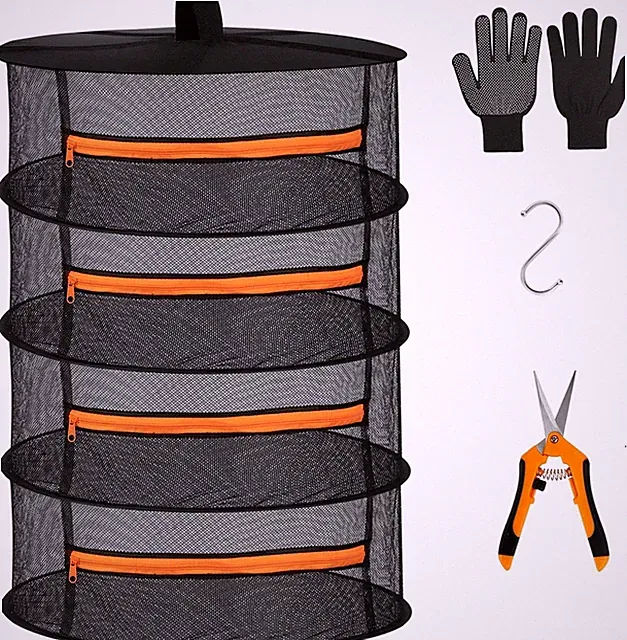 stufiges Kräuter-Hänge-Trockenregal aus Mesh mit orangefarbenen Reißverschlüssen