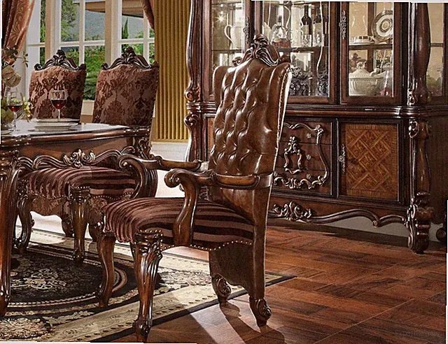Stuhl Thron Sessel Set Esszimmer Designer Holz Antik Stil Barock Rokoko Leder