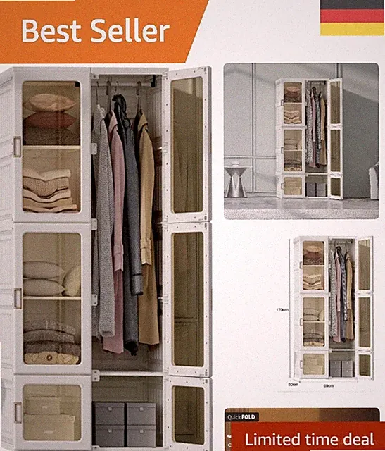 Stylisher, verstellbarer Kleiderschrank - 69x170x50 cm, Weiß mit Magnettüren