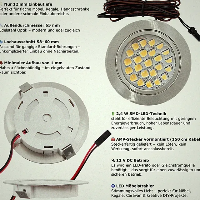 ✅ Superflache LED Einbauleuchten Lina 12Volt Möbelstrahler 2,4W Einbaustrahler✅