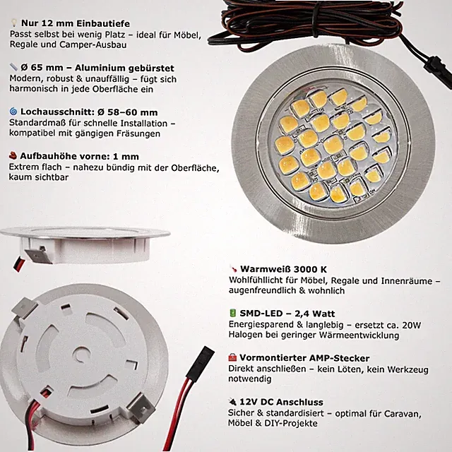 Superflache LED Möbel Einbaustrahler Mira, 12V, 2,4W mit 230V Zuleitung, 4000k