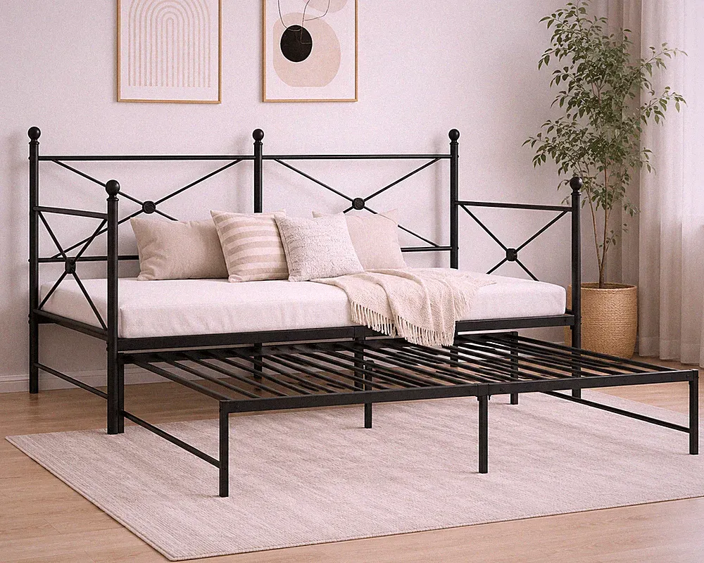 Tagesbett Ausziehbar 100x200 cm Stahl Schwarz Gästebett Metallbett B-WARE